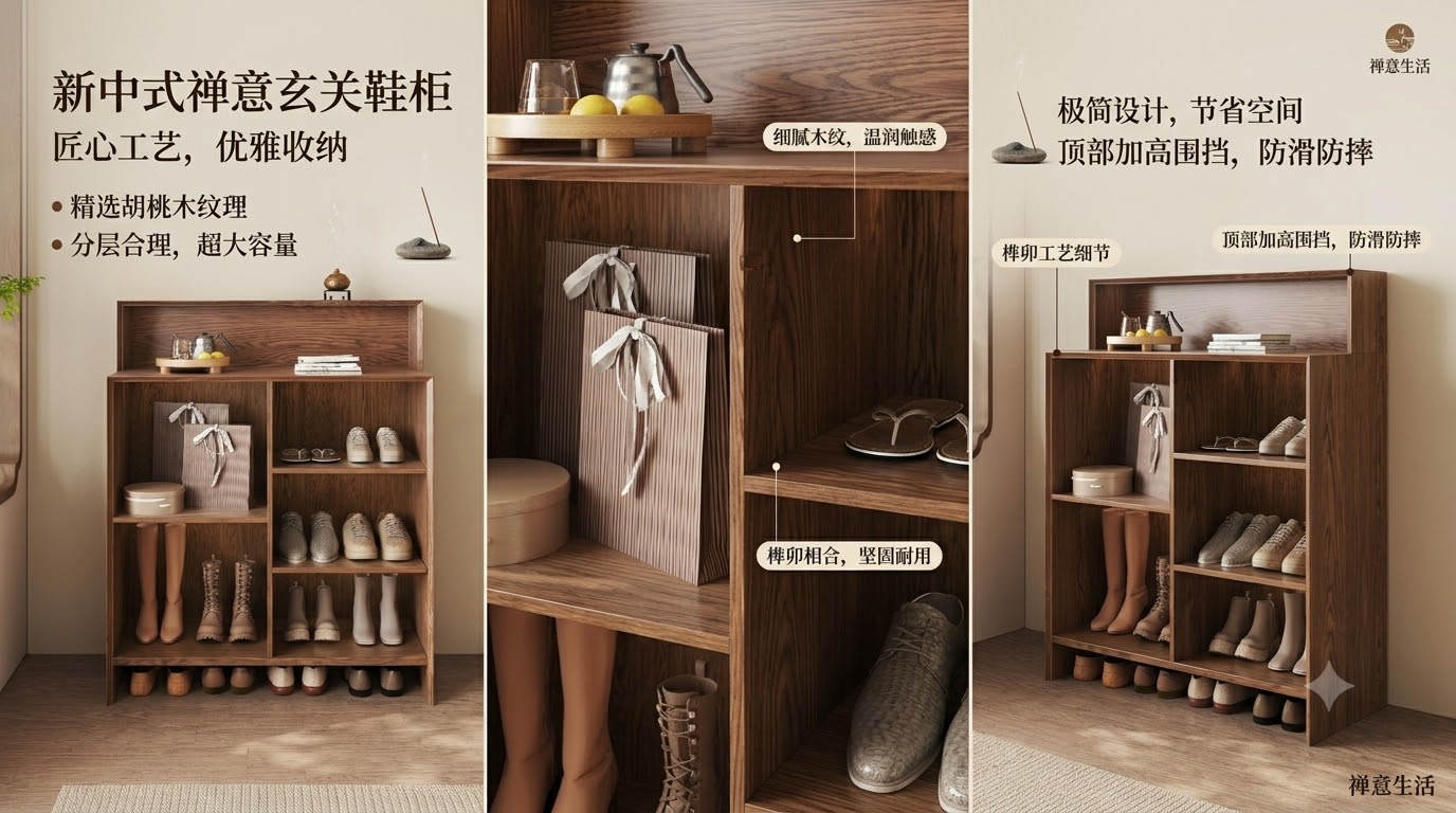 新中式实木多功能玄关鞋柜 · 开放式置物置鞋一体柜