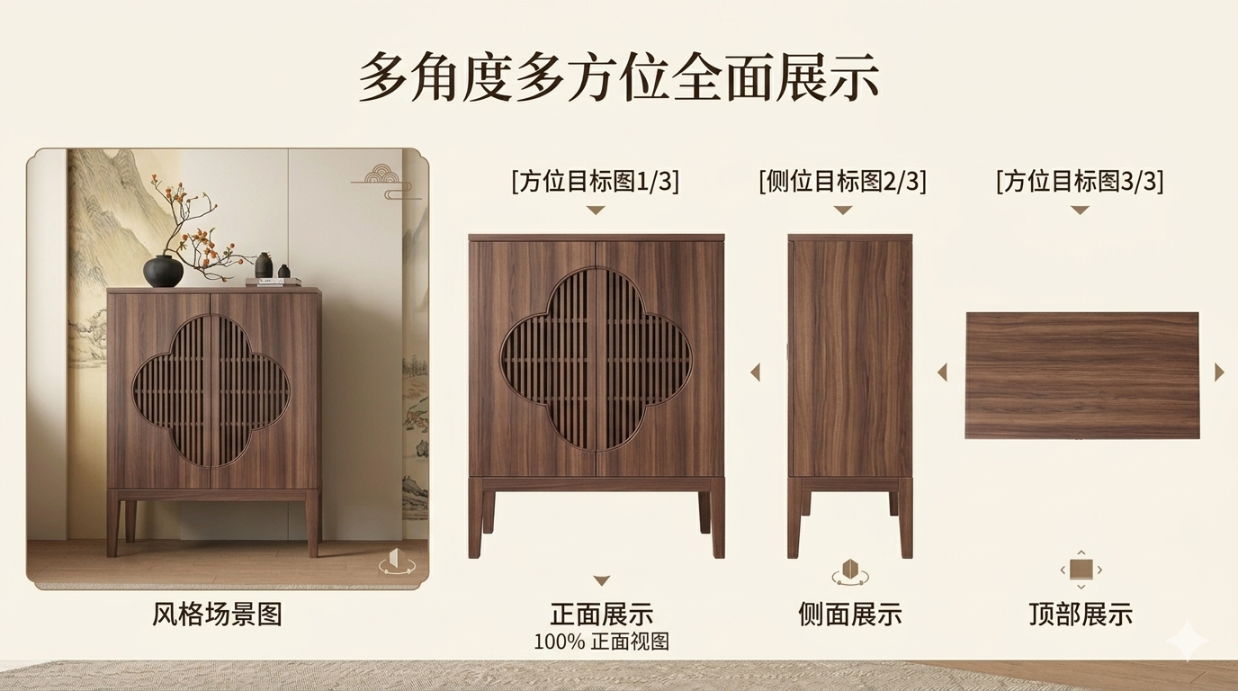 新中式四合如意纹实木边柜
