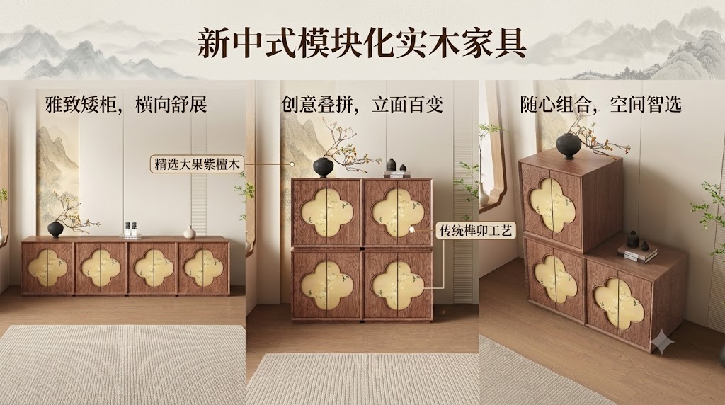新中式深胡桃木六斗柜（如意纹饰款）