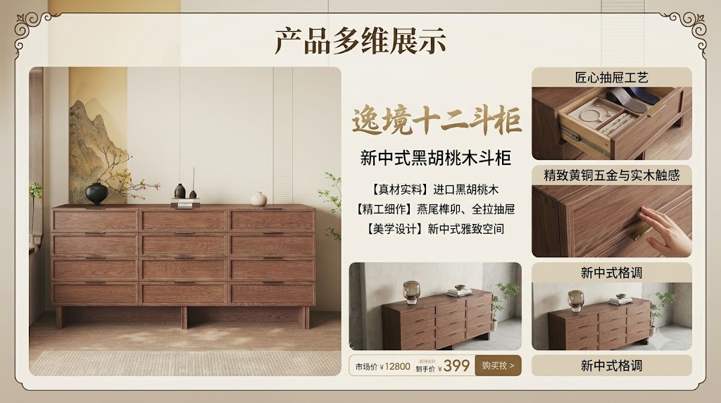 新中式深胡桃木四合如意纹组合矮柜